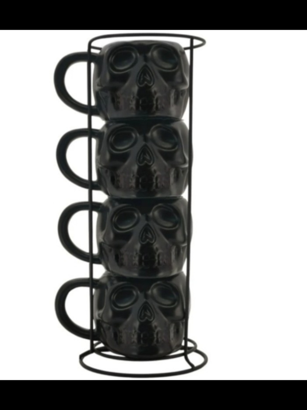 Stackable Black Skull Mug Set with Metal Rack - 4pc
